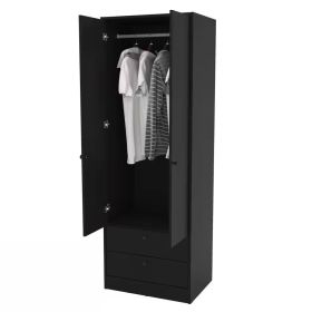 Armoire Wardrobe Cabinet, Black 2-Door Bedroom with Hanging Rod and 2-Drawers