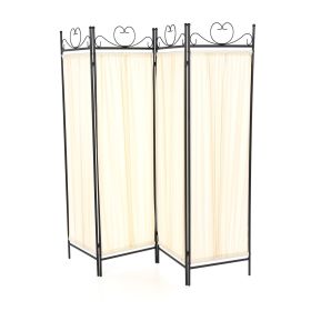 Room Divider, Black Metal 4-Panel with Off-White Fabric Screen