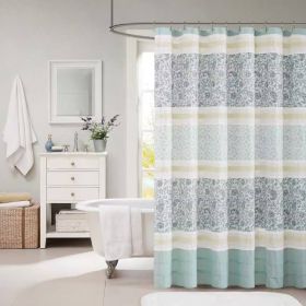 Shower Curtain, 72 x 72-in Cotton with Teal Blue Grey Cream White Paisley Pattern