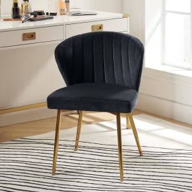 Accent Side Chair, Black Velvet Upholstered Wingback w/ Gold Metal Legs