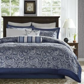 Comforter Set, California King 12-piece Reversible Microfiber Navy Blue White