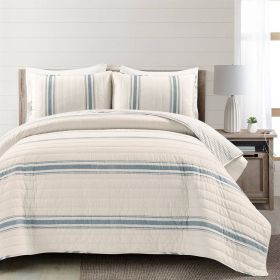 Quilt Set, California King Blue Off-White Cream Stripe 3 Piece Reversible Cotton