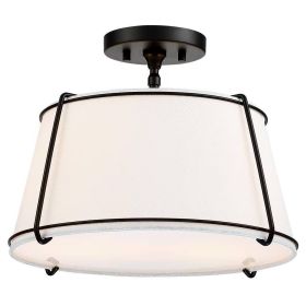 Drum Ceiling Light, 2-Light Round15-inch White w/ Black Metal - Semi-Flush Mount