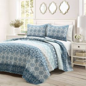Quilt Set, California King Lightweight 3 Piece Reversible Botanical Blue Damask