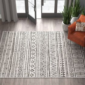 Area Rug, 5 ft. x 8 ft. Black Off-White Chevron Coastal Boho Style Indoor Outdoor