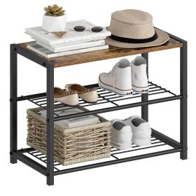 Shoe Rack, 2-Shelf Entryway Bench with Black Metal Frame and Brown Wood Top