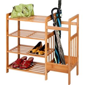 Shoe Rack and Umbrella Holder,  2-in-1, 4-Shelf Bamboo Entryway Rack