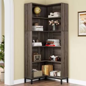 Bookcase, 71-inch High Corner Bookshelf in Dark Gray Wood Finish
