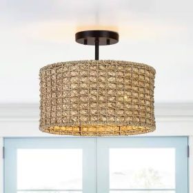 Ceiling Light, Bohemian 13.6-inch Round Rattan Drum, 2-Light - Semi-Flush Mount