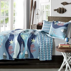 Quilt Bedspread Set, Full / Queen Blue Serenity Sea Fish Coral Coverlet