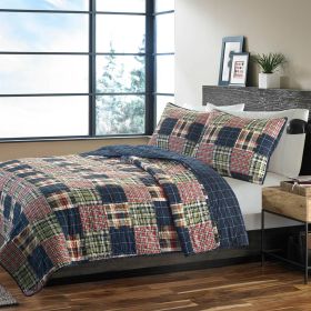 Quilt Set, Full/Queen Farmhouse Red Navy Plaid 100-Percent Cotton Reversible