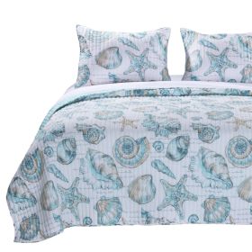 Quilt Set, Full / Queen Coastal Seashells White Teal 3 Piece Polyester Reversible