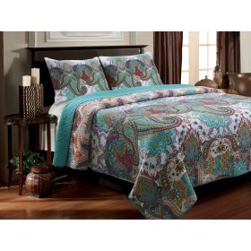 Quilt Set, Full / Queen Teal Paisley 3-Piece in 100-Percent Cotton