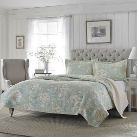 Quilt Set, Full / Queen 3-Piece Cotton in Seafoam Blue Beige Floral Pattern