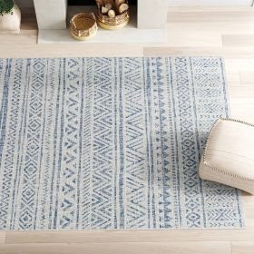 Area Rug, 4 ft. x 6 ft. Blue Grey Chevron Coastal Boho Style, Indoor Outdoor