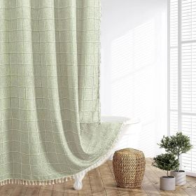Shower Curtain, 72-inch Farmhouse Green Cotton Linen Blend with Boho Tassels