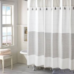 Shower Curtain, 72-inch Grey and White Stripes Cotton with Tassels