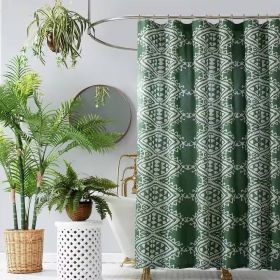 Shower Curtain, 72 x 72 inch Cotton Poly with Green White Geometric Motif Pattern