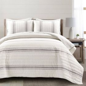 Quilt Set, Full/Queen Grey Off-White 3 Piece Stripe Reversible Cotton