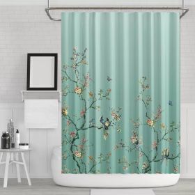 Shower Curtain, 72" Teal Blue Green Floral Tree Bird Butterfly Japanese Style