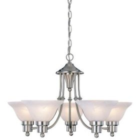 Chandelier, 5-Light Brushed Nickel with White Frosted Shades