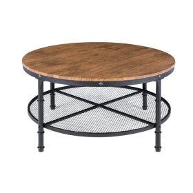 Coffee Table, FarmHome Industrial Wood Steel  2-Tier Round with Storage Shelves