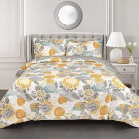 Quilt, 3 Piece Reversible Yellow Grey Floral Cotton Set in King Size
