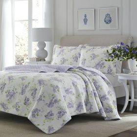 Quilt Set, Full/Queen size 3-Piece Cotton with White Purple Floral Pattern