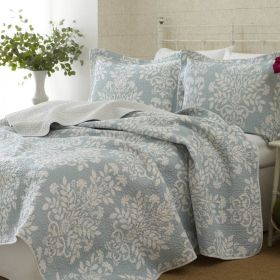 Coverlet Quilt Set, 100% Cotton King size 3-Piece in Blue White Floral Pattern