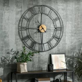 Wall Clock, 36-inch Metal, Silent with Roman Numerals and Wooden Center