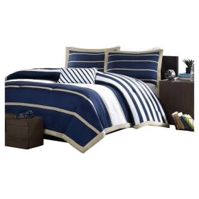 Comforter Set, Full / Queen size  in Navy Blue White Khaki Stripe