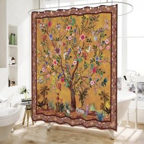 Shower Curtain, 72" Brown Red Orange Green Floral Tree Birds Plants Flowers