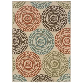 Area Rug, 7'10" x 10'10" Indoor / Outdoor Beige  with Colorful Circle Pattern