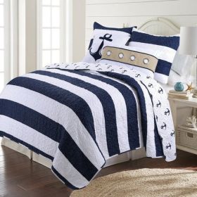 Quilt, 2 Piece Nautical Stripped/Anchors Reversible Microfiber Set Navy, Twin