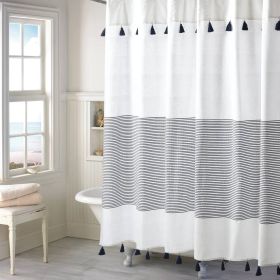 Shower Curtain, 72-inch Navy and White Stripes Cotton