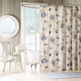 Shower Curtain, 72-in Khaki Beige Cotton Navy Blue Seashells Coral Coastal Beach