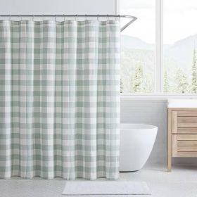 Shower Curtain, 72" 100-Percent Cotton Fabric with Green White Plaid Pattern