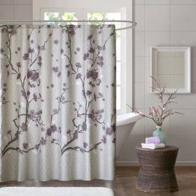 Shower Curtain, 72 x 72 in Cotton with Purple Grey Beige Floral Blossom Pattern