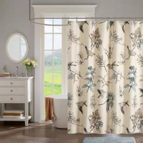 Shower Curtain, 72" Beige Khaki Cotton with Vintage Birds Leaf Floral Print