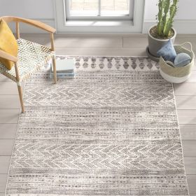 Area Rug, 8-ft. x 10-ft. Grey Ivory Chevron Stripe Geometric Boho Style