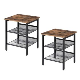 Side Table Nightstand with Medium Wood Finish Top and Mesh Shelves, Set of 2