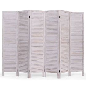 Room Divider Screen, 6-Panel Classic Louver Slatted  in White Wood Finish