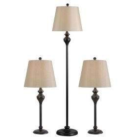 Lamp, 3-Piece Floor and Table Desk Lamp Set in Black with Light Gold Drum Shades