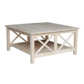 Wood Coffee Table,  Square Unfinished Solid with Bottom Shelf