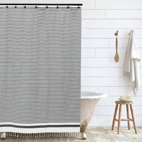 Shower Curtain, 72-inch White Black Stripe Cotton with Boho Farmhouse Tassels
