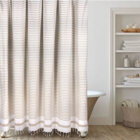 Shower Curtain, 72-inch Beige White Stripe Cotton  with Boho Farmhouse Tassels