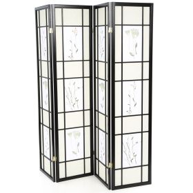 Room Divider, Black 4-Panel  Shoji Screen with Asian Floral Print