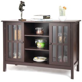 Console Cabinet, Brown Wood, with Tempered Glass Panel Doors