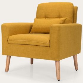 Accent Chair, Yellow Linen Mid-Century Modern Living Room  with Pillow
