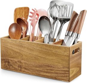 Acacia Wood Utensil Holder with Removable Divider - 4 Compartment